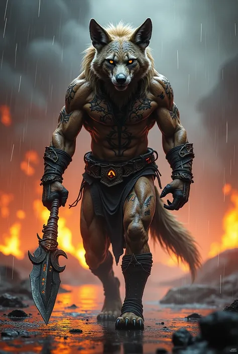  An ultra-realistic full-body image of a hybrid hyena warrior in the style of Mortal Kombat,  standing tall and walking in front of the camera directly with a powerful and .  The hyenas humanoid physique is massively muscular ,  with a head flowing dramati...