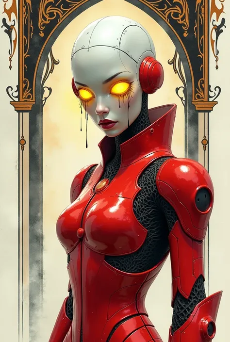 An art nouveau style watercolor image of a slender red female android in red and white armor. Bald head. Yellow glowing eyes. Black tears. Druillet style. Enki Bilal. Mesmerizing look. Ornamental noir background. 