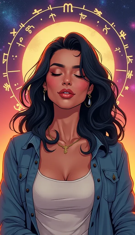 An adult American woman in comic book style, with realistic and elegant features. She is dressed in low-key, casual attire appropriate for a low-key look. She has a discreet, warm smile, and the background features vibrant colors inspired by astrological a...