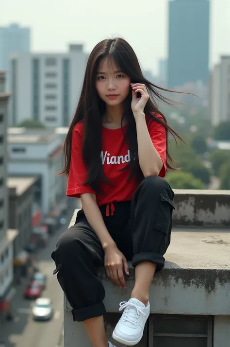 a beautiful native indonesian girl sitting on top of a building legs dangling down Iya wearing red written name WIANDA WHILE .  on her shirt wearing black cargo pants wearing white Nike brand slop shoes right handed while combing her long hair photorealist...