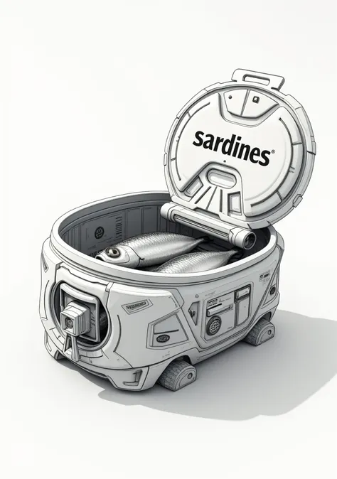 Make a sketch of a can of sardines, the can is half opened, There is a "SARDINES" label on a lid. Its a futuristic can with a very complex opening mechanism.  Remember to do it in the form of a sketch or steps to follow