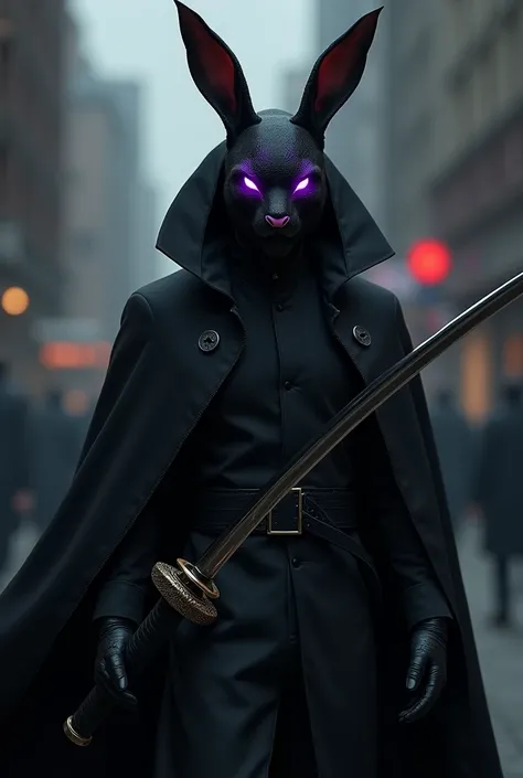 Character with a black rabbit mask with some purple details with a black overcoat a katana