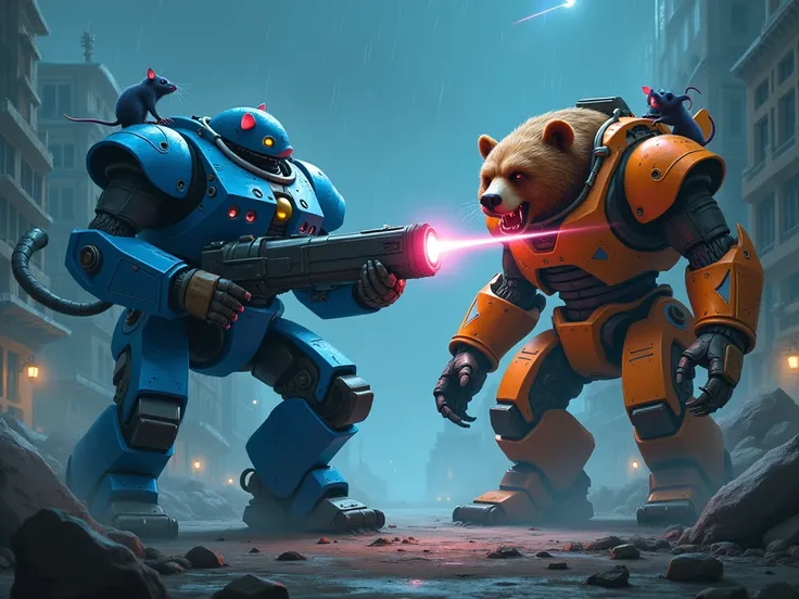 a dark fantasy image with blue rats piloting a giant blue mech with a lazer cannon fighting a giant orange mech with a bear face and a lazer that comes in the mouth pilotaded by a grizzly bear and the epic final fight is happining in a night destroyed city