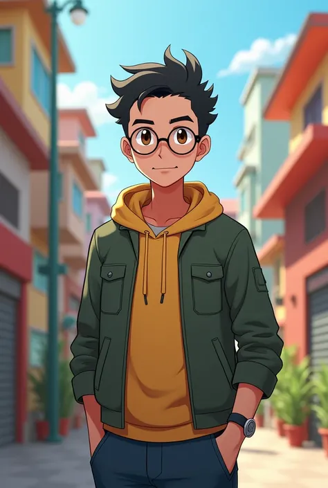 Man 178 cm height 60 kg weight brown eyes and black short hair middle part hairstyle with glasses created in pokemon go style