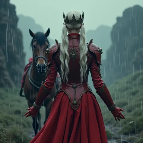 A woman from behind,  platinum blond hair in two pigtails, Crown, armure rouge, rain, Arms on the ground at her feet , Horse, 4K, epic