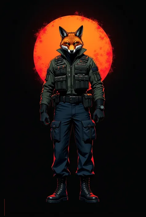 DONT use comic style, circular logo ,  red circle transitioning into orange fiery red,  black background . The front shows a well-trained , A two-meter tall man with a fox head,  showing its muscles . hairstyle:  short orange hair with receding hairlines. ...