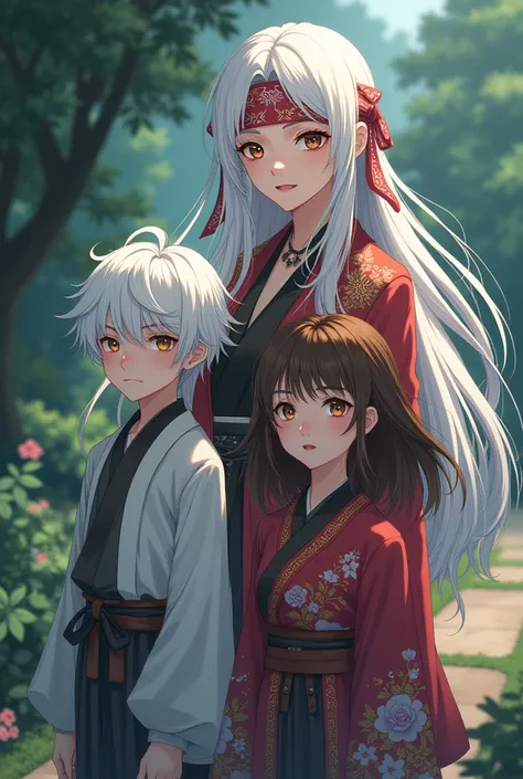 [[(Woman with eyes covered by bandana and hair), (Long white hair), (Traditional Chinese clothing)]], [( boy, white hair)], [( girl, brown hair)], poster, path for something, - light novel cover, Anime style