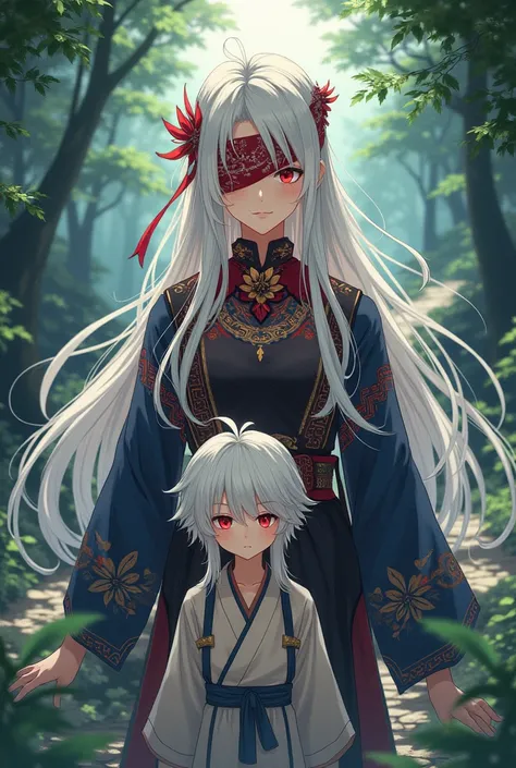 [[(Woman with eyes covered by bandana and hair), (Long white hair), (Traditional Chinese clothing)]], [( boy, white hair)], [( girl, brown hair)], poster, path for something, - light novel cover, Anime style