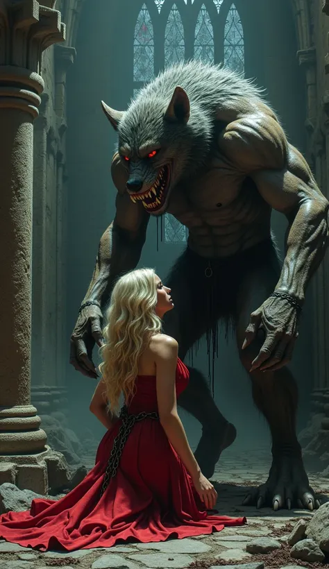  A highly detailed and dramatic scene featuring a beautiful blonde woman with chains on her feet and fists, in an impressive , red sexy dress, woman kneeling at the feet of the large wolf-like creature with sharp fangs and a frightening expression.  The mu...