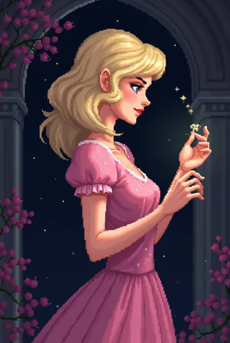 pixelart blonde woman from side holding jewelry in a pink dress retro dark fantasy style 