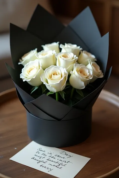 A bouquet of white roses,  wrapped in black cardboard ,  on top of a coffee table ,  next to a handwritten letter "For the most beautiful model "