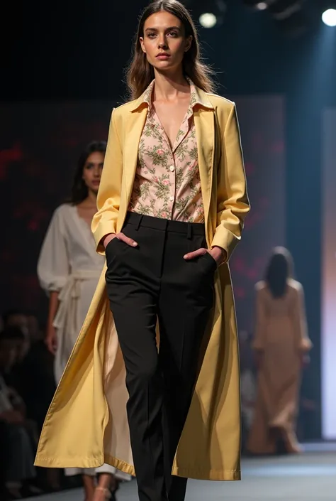 A stunning and diverse fashion show displaying an array of elegant trending style semi-casual shirts and trousers. each design must have unique cuts and motifs, and use different color combinations, and color contrasts.