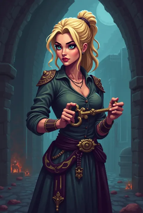 pixelart blonde woman holding a key retro dark fantasy style  