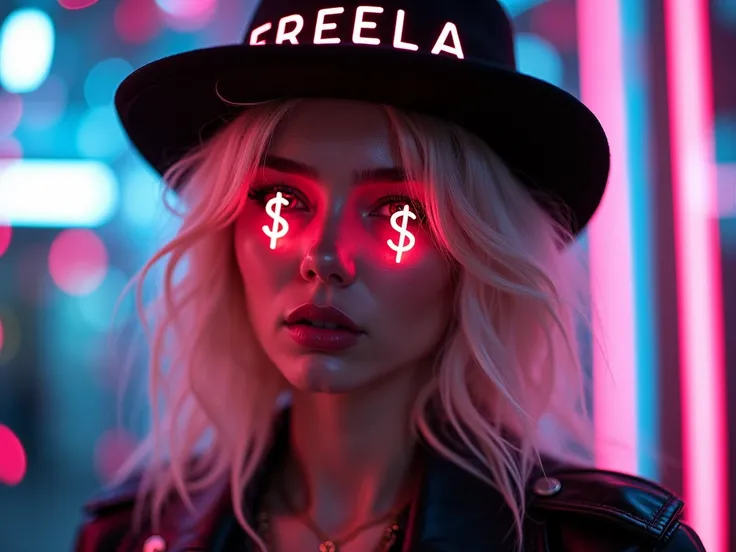  A vibrant young woman in a cyberpunk and futuristic setting .  She wears a black hat with the word FREELA written in white.  Her eyes shine with dollar signs  ($) in red neon ,  transmitting a technological and modern style .  Your expression is confident...