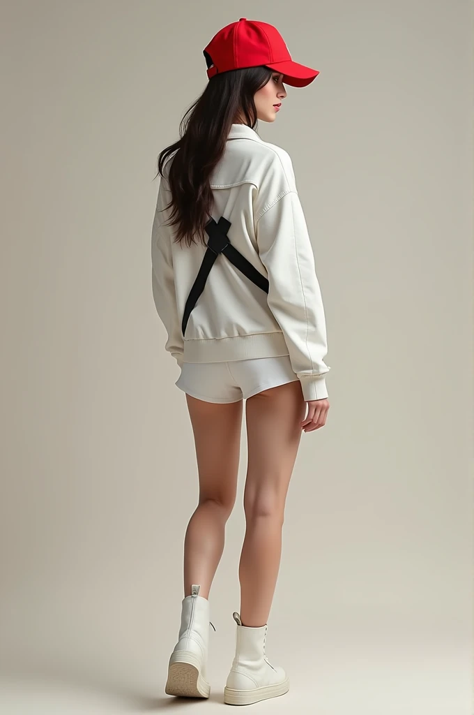  shorts, white,  white boots , red jacket with black strap ,  cap with red cotton tip, for slim woman 