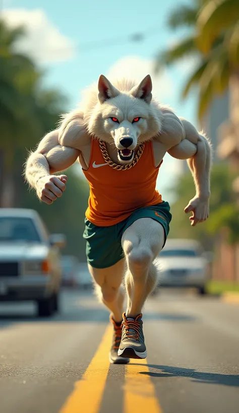 A highly detailed and lifelike 3D rendering of a fursuit furred skin werewolf, male, muscular, and anthro, sprinting outdoors at full speed on a sunny day. The wolfs athletic body glistens with sweat, emphasizing his well-defined muscles, as he runs along ...