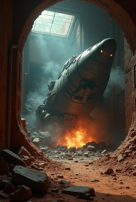 make a spaceship that falls directly into a martian very dark small prison cell causing a lot of rubble IN THE DARK SMALL MARTIAN PRISON CELL