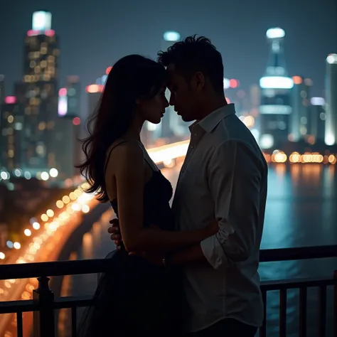 A young Japanese woman wearing a black dress、holding hands with a 30 year old Indonesian man。 , Beautiful night view, A very detailed 8K photo