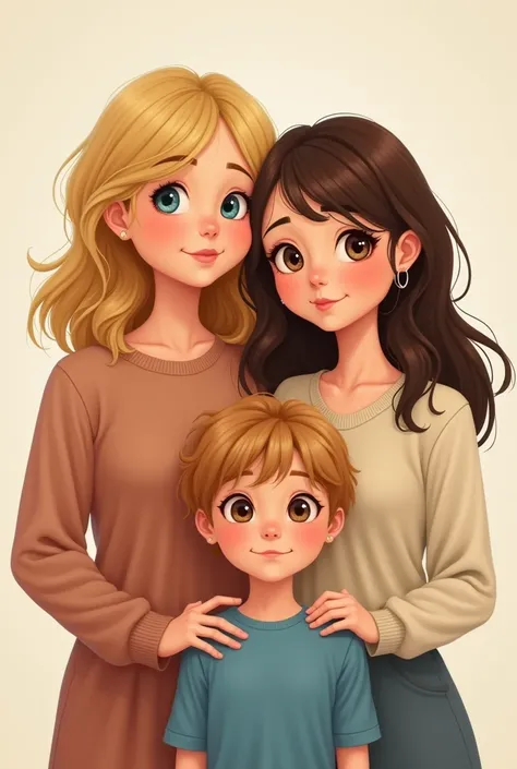 Drawing of two mothers .  A blonde woman with bangs straight hair medium hair and brown eyes . A woman with long wavy brown hair with bangs and brown eyes .  Two  boys one with yellow blond hair and blue eyes and the other with brown hair and brown eyes 