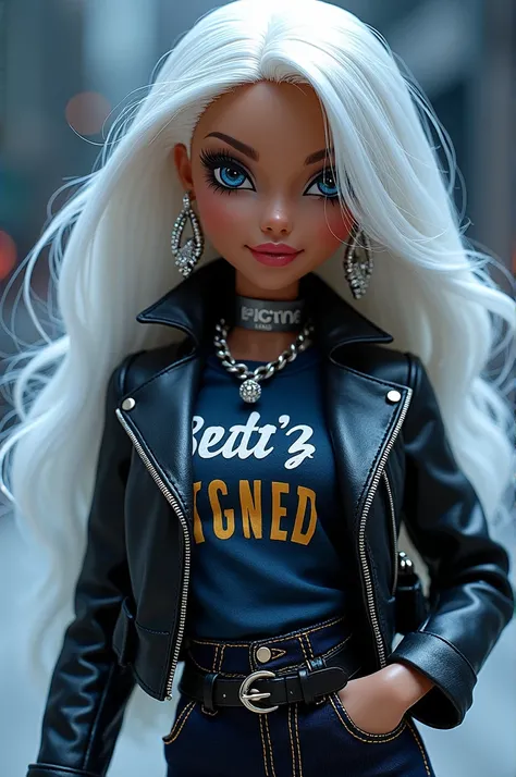 ¡!  Lets imagine a Bratz with the features you mentioned :

**name:** Lumina

**appearance:**
- **by:**  Long and straight white ,  that shines with a silver touch .
- **eyes:** grandes y expresivos,  in deep blue that highlight your personality .

**Cloth...