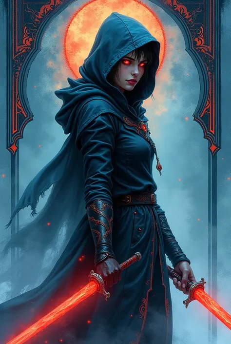 An art nouveau style watercolor image of a slender female warrior with hood and cloak. Red glowing eyes. Red glowing daggers. Druillet style. Enki Bilal. Mesmerizing look. Ornamental blue noir background. 