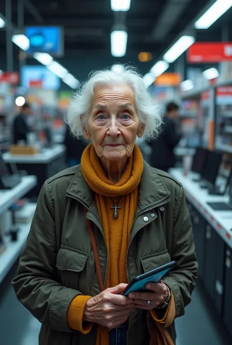 A picture of an elderly woman in an electronics store