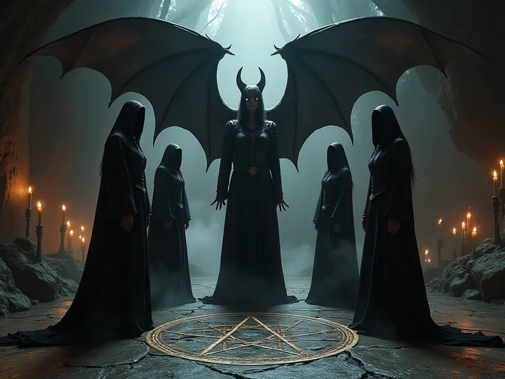 Satanic Temple, THREE EMPOWERED WITCHES ,  WITH A LEATHER-CLOTHED QUEEN,  pentagram necklace, Bat wings, ON TOP OF A PENTAGRAM WITH CANDLES AROUND