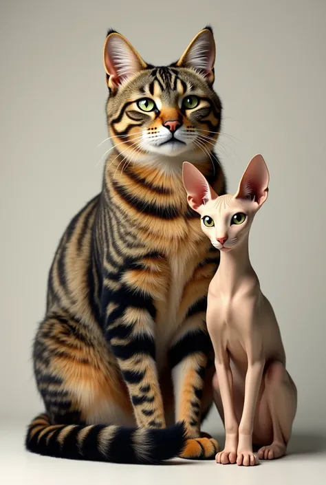 A big female tabby cat with a black and white cat with a beige sphinx