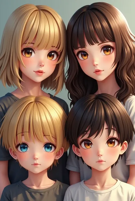  A blonde woman with bangs straight hair medium hair and brown eyes . A woman with long wavy brown hair with bangs and brown eyes .  Two  boys one with yellow blond hair and blue eyes and the other with brown hair and brown eyes 