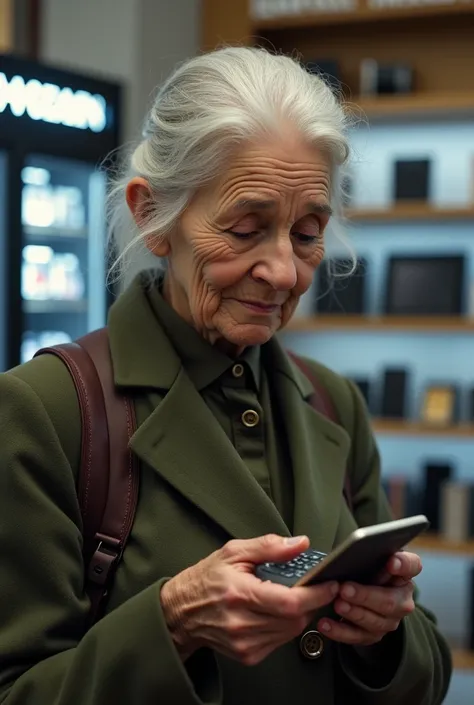 A picture of an elderly woman in an electronics store holding a Nokia 