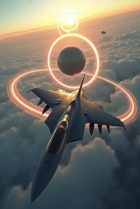 Combat fighter chasing a spherical UFO with floating rings surrounding it.