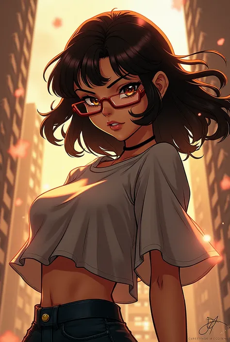  Do in JoJos style a girl with brown hair with brown eyes and with glasses,  glasses short height and with  "scene" but in JoJos Bizarre Adventure style as well as anime
