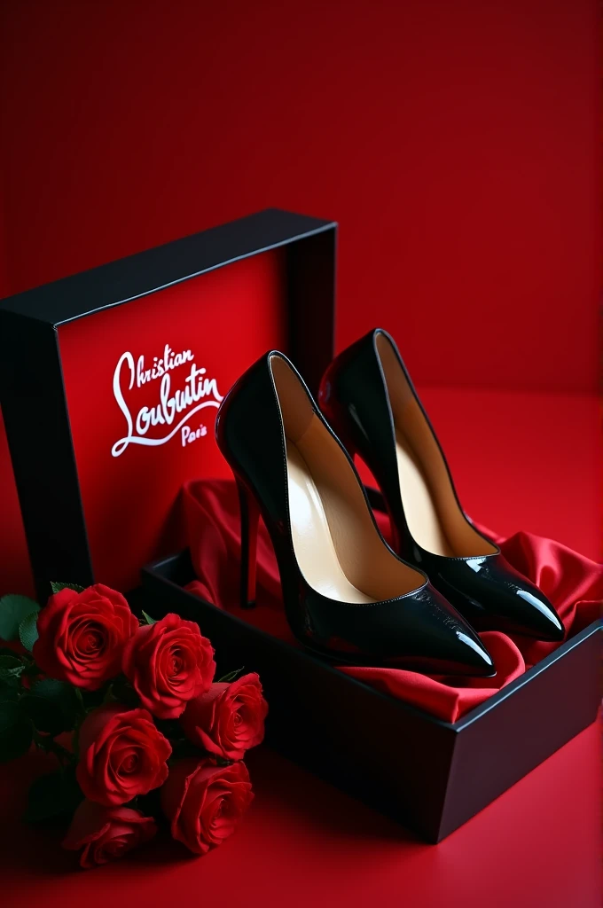  The image shows a pair of black high-heeled shoes with a shiny finish ,  placed inside an open shoebox .  The box is lined with red fabric and there is a bouquet of red roses next to the box.  The lid of the box has “Christian Louboutin Paris” printed , i...