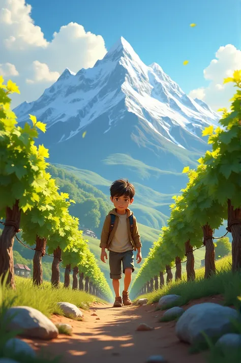 Boy in the vineyard of a distant mountain 