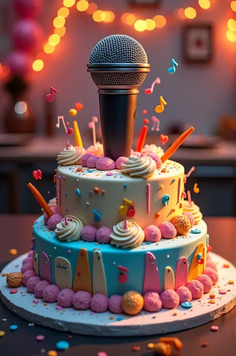 Create a birthday cake referring to a microphone and saying happy birthday Lucio