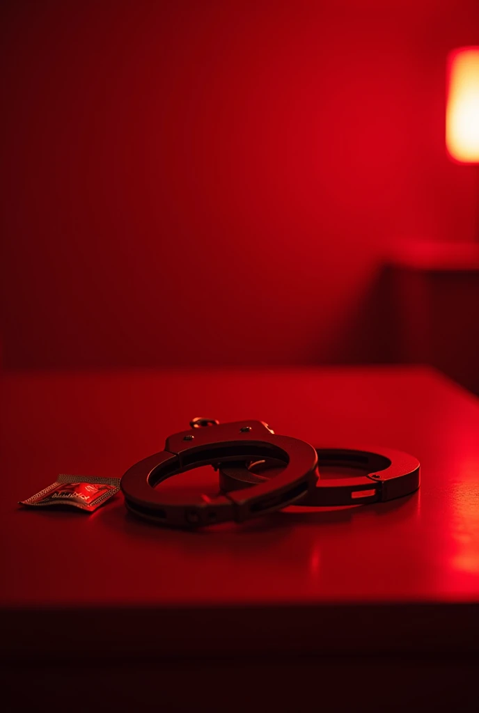 Red room with handcuffs on top and Juntex condom 