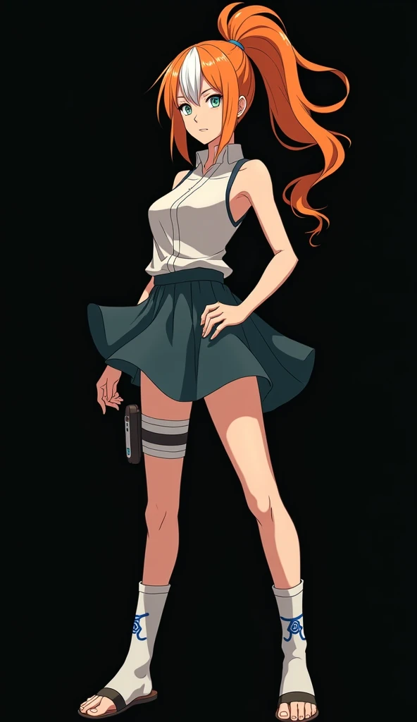 Character created by Masashi Kishimoto 8K girl with a slender and beautiful full-bodied fair skin with fiery orange hair and very smooth with two white locks highlighted on the front similar to those of Rogue from the X-Men hair tied in a ponytail light bl...