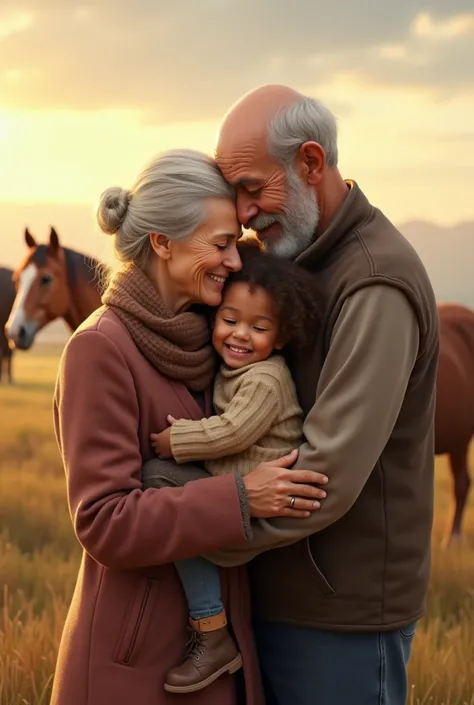 Una nonna, alta e magra,e un nonno con poca barba,senza capelli, alto e magro,abbracciano la loro piccola nipotina di 2 anni,dai capelli ricci,immersi in una campagna,circondati da cavalli