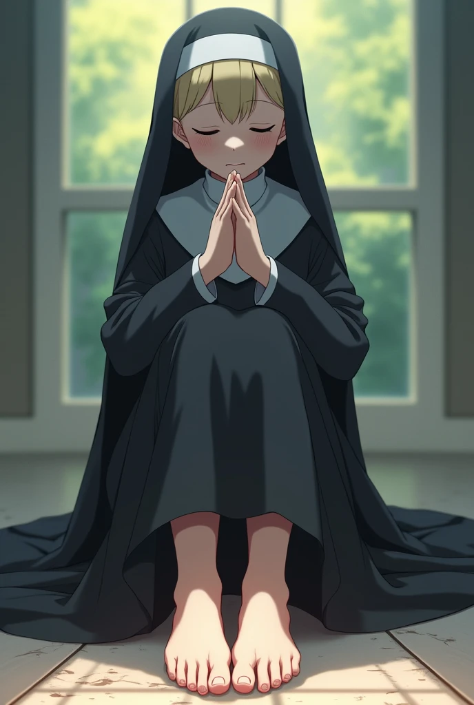 Anime with text: 
Nun, barefoot, sitting, showing her feet, focus on feet, foot fetish 