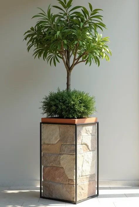  create urban furniture of the type vertical planter 250 cm high that includes a wrought iron support, Do not include Spanish style stone ,  with a terracotta pot with a small tree , image without background