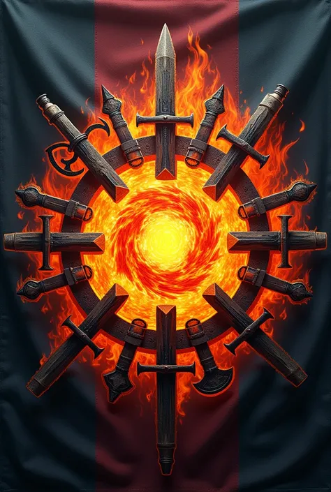 Create a flag with a flaming circle with Viking weapons in the center