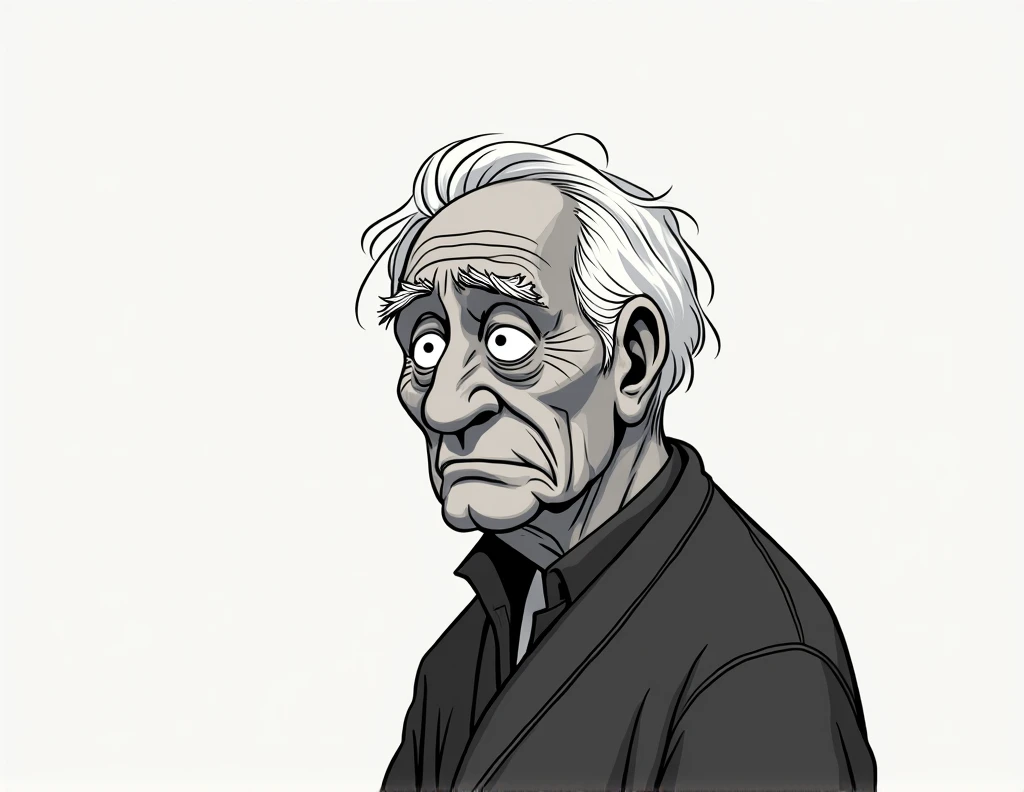 elderly man, Looking backwards at nothing, With melancholy,  in black and white ,  in cartoon drawing style
