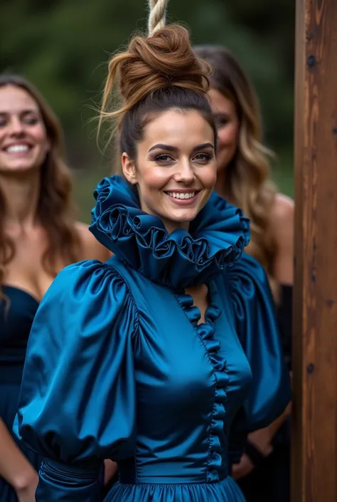 (realistic photograph close up sideways), (a pleased beautiful Caucasian lady with (messy hair bun), she is wearing (an elaborate shiny cobalt silk gown with (long gigantic pouf sleeves), (and with an ultra high tight stand-up collar up to her cheeks) (wit...