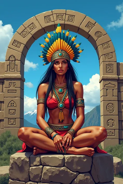 Realistic comic style image of an indigenous Inca woman wearing a feather headdress sitting on stone surrounded by glyphs next to a stone arch carved in Inca stone as a background, a beautiful blue sky and mountains. 