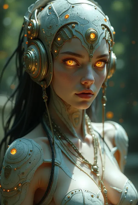 The goddess, Fortuna, glowing eyes, head to breast, silicone cybernetics. High Resolution, Masterpiece, Award Winning, Best Quality, High Details, High Quality, UHD, Optical Illusion, Impressionism, Art Deco, Cinematic, Cinematography, Futurism, Hyperreali...