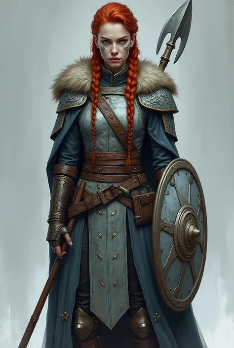 Woman, Tall, muscular, athletic, braided red hair nordic style, icy gray eyes, pale scarred skin, customized light leather armor, wolf and ice motifs, battle-worn spear and shield, fur-lined cloak, commanding presence, serious expression, austere demeanor,...