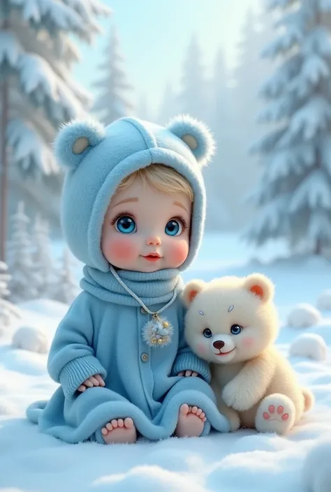 Un bébé dans la neige avec une robe bleu et un chapeau russe bleu et un collier bleu avec un bébé ours au yeux très bleux’