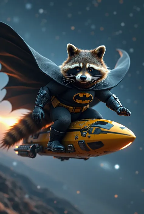 Rocket racoon dressed as batman, flying on the invisible jet