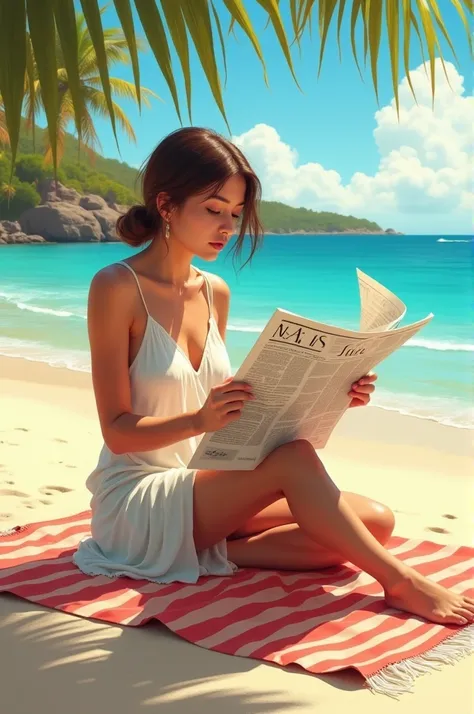 Woman reading newspaper on the beach