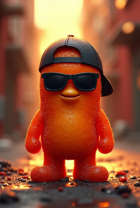 Please,  generates a logo that has as its character an enchilada gummy animated with an urban style.  I want the gummy to have a sugar texture with chili ,  wear a cap backwards and dark sunglasses , and that the design includes warm colors  (red, orange) ...